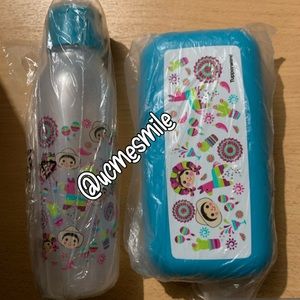 Tupperware Eco Twist Flip Top Water Bottle & Maria Emoji &  Keeper Container Set